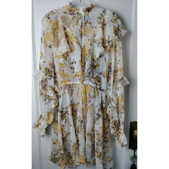Free People SEVEN WONDERS Pretty Dress High Neck Sheer Yellow Floral Boho SZ 8 - Picture 1 of 12